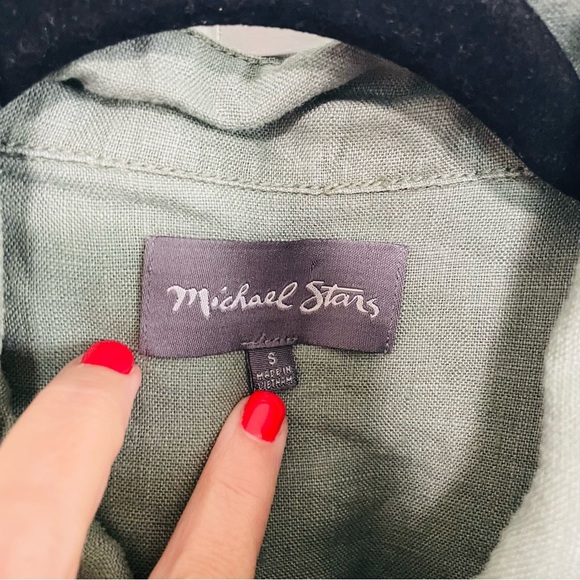 Michael Stars Military Anorak Green Linen Jacket Zipper Tie Waist Size Small - Picture 2 of 10